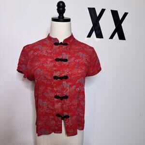 Vintage Clio Red Mandarin Collar Frog Clasp Top • Y2K Dragon Girl Cheongsam P M